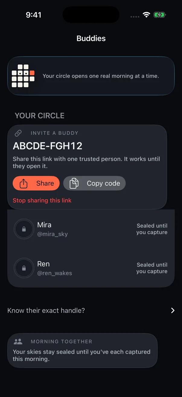 Sky Grid in dark mode: Moku and friends whose skies unlock after you both post