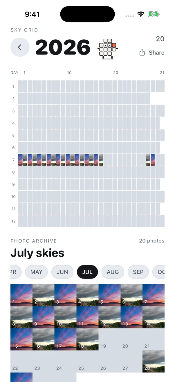 Sky Grid's current mosaic view, showing daily sky colors